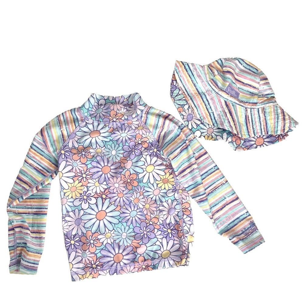 UV Skinz Rashguard And Hat Girls Size 5‎ Pastel Rainbow Beach Outdoor Floral